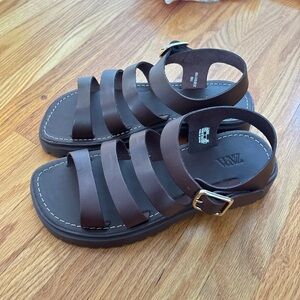 Zara Dark Brown Leather Strap Sandals